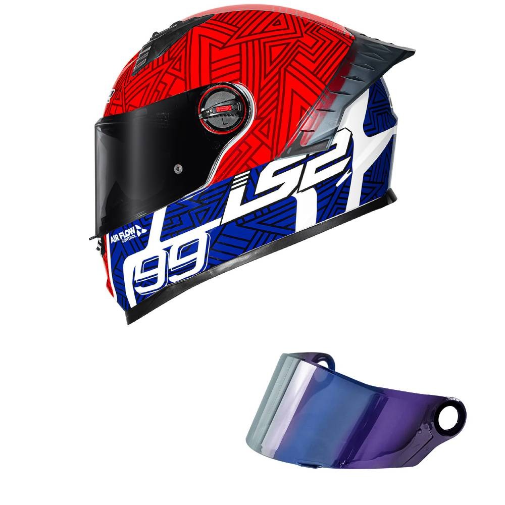 Capacete LS2 FF358 Pro Tiempo Azul e Vermelho Mais Viseira Camaleão