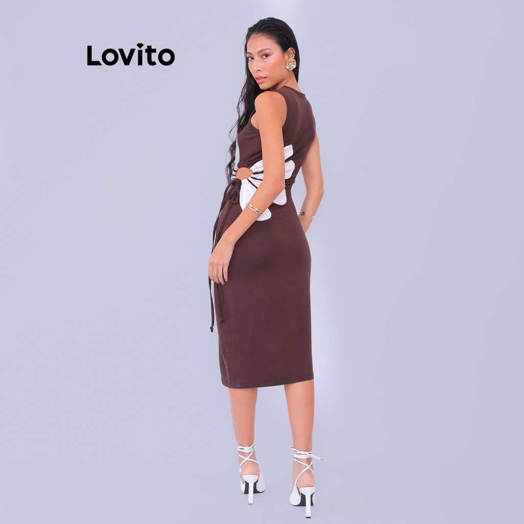 Detalhes do Lovito x Glenda Bossa l Vestido Feminino Casual Liso com Recorte de Flores LB889BRL919