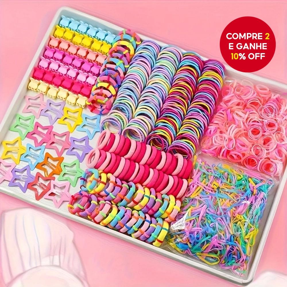 Conjunto com 875pcs de elásticos de cabelo coloridos mistos com clipes em forma de estrela para penteados.