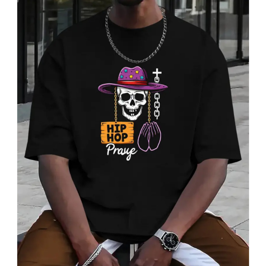 Bonito Camiseta Masculina Com Estampa De Caveira E Oração Hip-hop, Camiseta Casual De Algodão Da Moda Verão