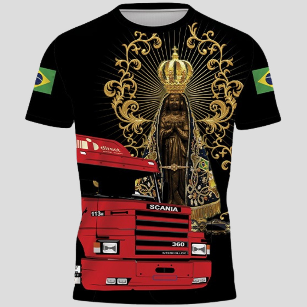 Camiseta Camisa Caminhoneiro Scania Dry Fit Gola Redonda Proteção Nossa Senhora Aparecida Padroeira Do Brasil