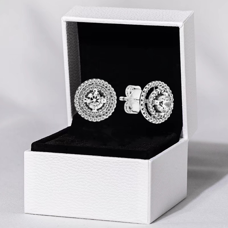 S925 prata moda anel duplo Pavé diamante senhoras brincos requintado brilhante menina presente de aniversário + caixa em Oferta na Shopee
