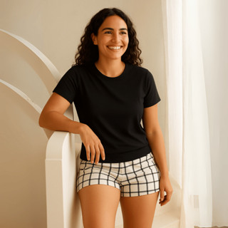 Pijama Feminino Curto Verão Linha Noite Liso Xadrez em Oferta na Shopee