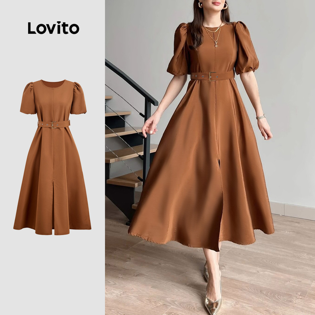 Lovito Vestido Elegante com Cinto Fenda Na Frente Primavera/verão Vestido em sépia L143AD177 em Oferta na Shopee