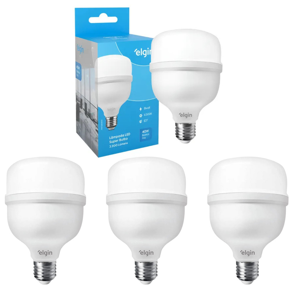 Kit 03 Lâmpadas 40w Led Super Bulbo Elgin Branco Frio 6500k Bivolt em Oferta na Shopee