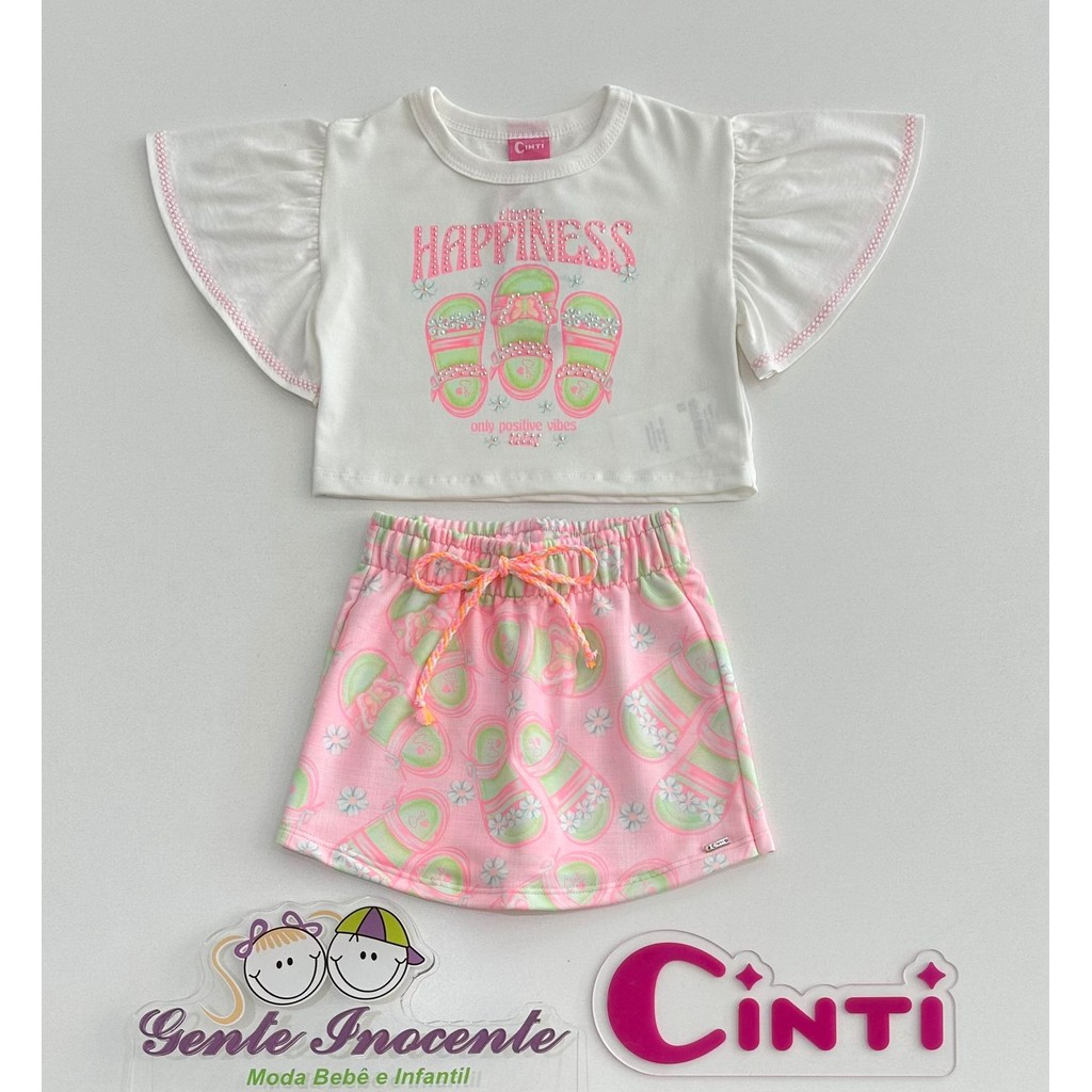 Conjunto Blusa Choose Happiness e Saia Sandálias Rosa Cinti