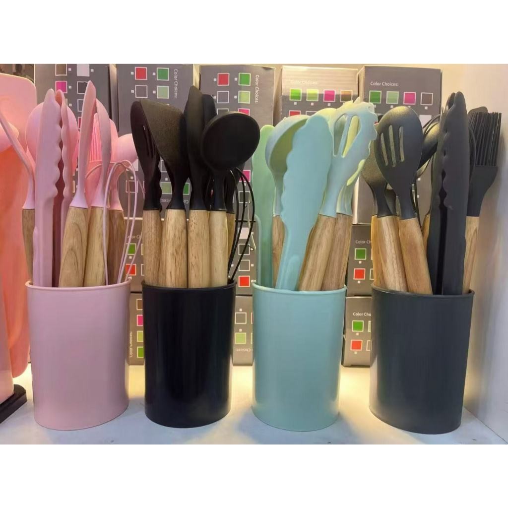 Jogo de Cozinha Kit 12 Peças de Silicone, Utensílios e Copo Suporte para Cozinha Cabo de Madeira