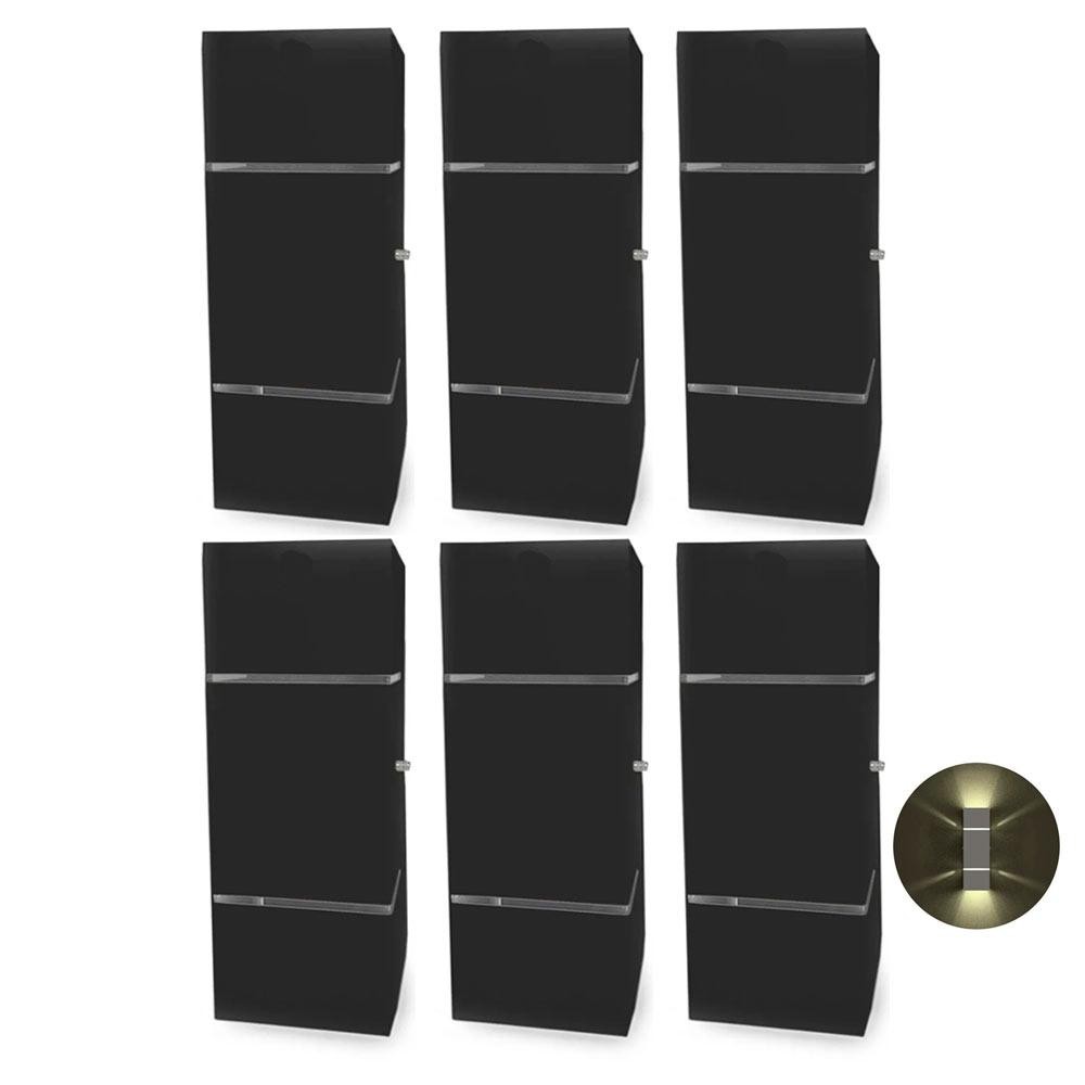 Kit com 6 Arandelas na cor Preta Retangular 2 Frisos 2 Focos Soquete E27 - Bivolt Externa Mf116