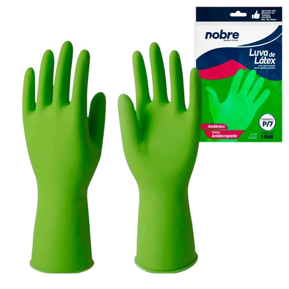 Par de Luvas Nobre Látex P p/ Agentes Químicos Resistente e Segura Verde