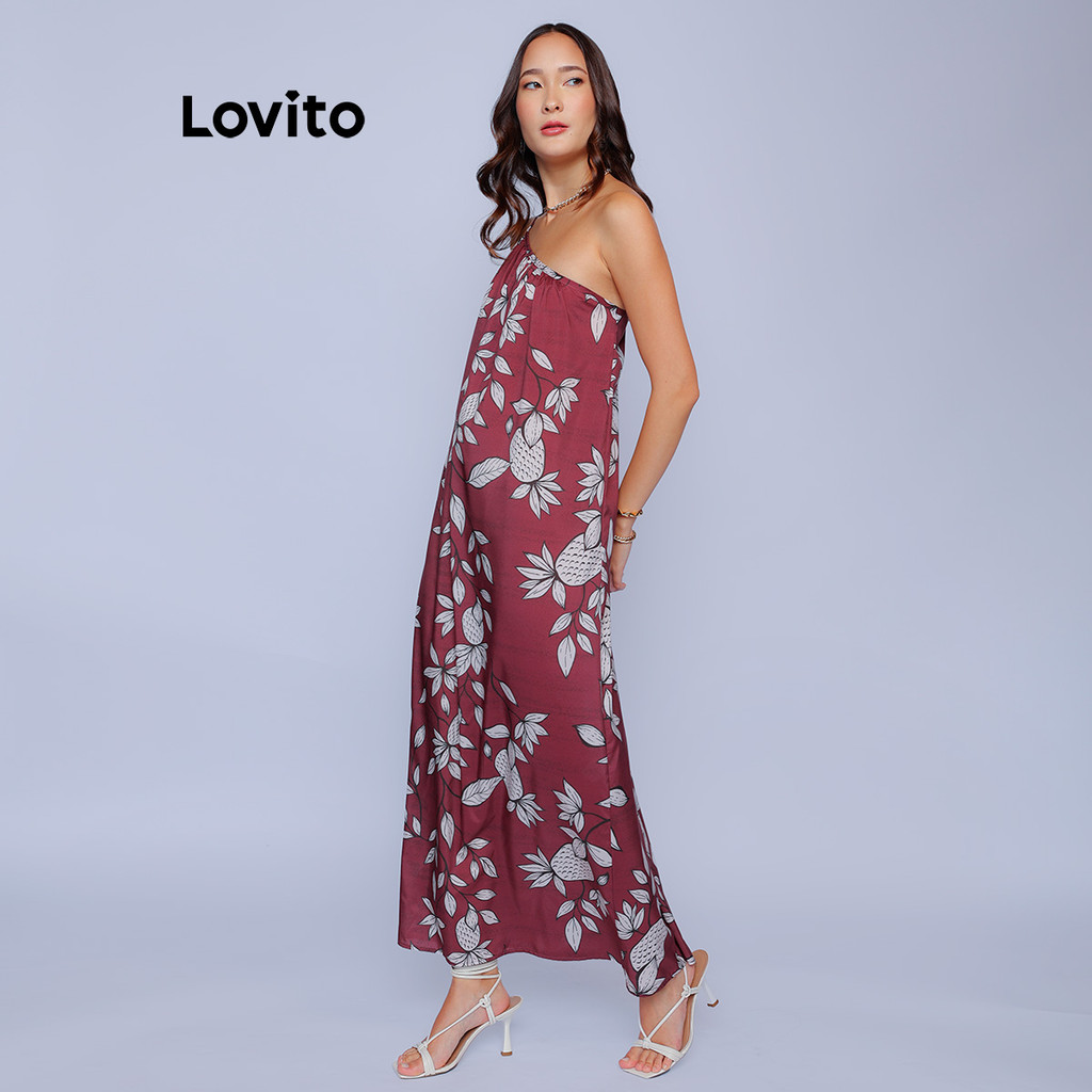 Detalhes do Lovito x Glenda Bossa l Vestido Longo  Estampado Vermelho Tropical Casual Feminino LB763BRL793