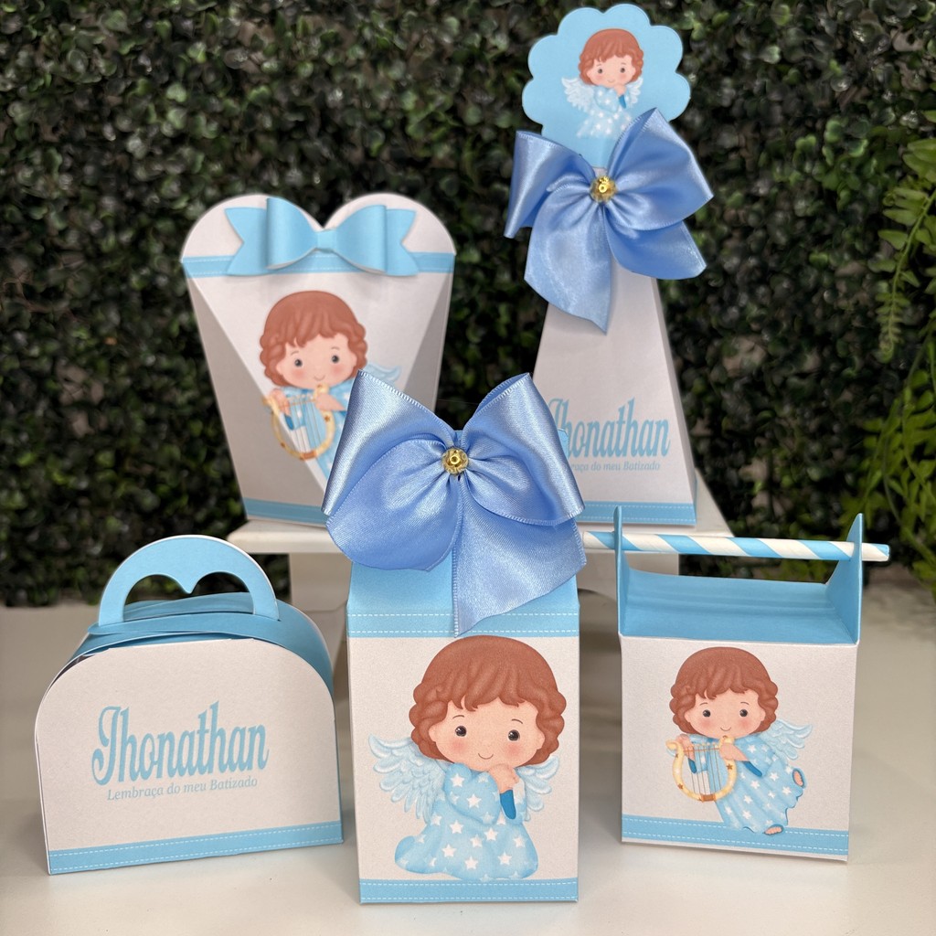 Kit Festa Batizado Azul Anjinho - Caixinhas Personalizada Lembrancinha Surpresa - PAGUE E MONTE