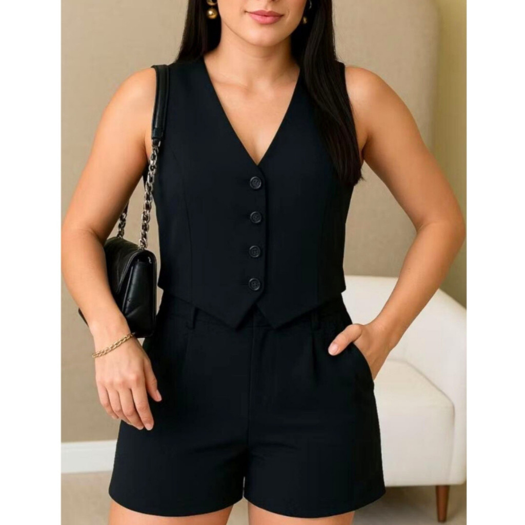 Colete Alfaiataria Feminino Social Elegante Curto Botões Social em Oferta na Shopee