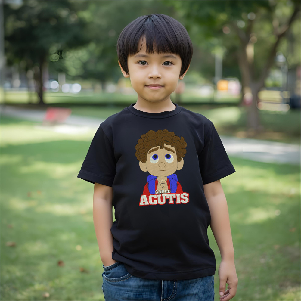 Camisa Bordada Infantil Moda Fé Católica Santo Carlo Acutis