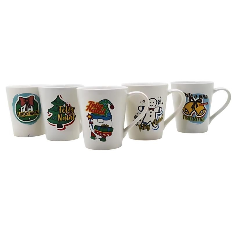Kit 5 Canecas Porcelana Feliz Natal 250ml Festa Natalina