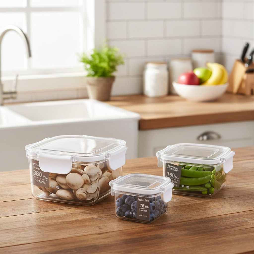 Conjunto 3 Potes Herméticos Quadrados Plástico Organização Cozinha Armazenamento