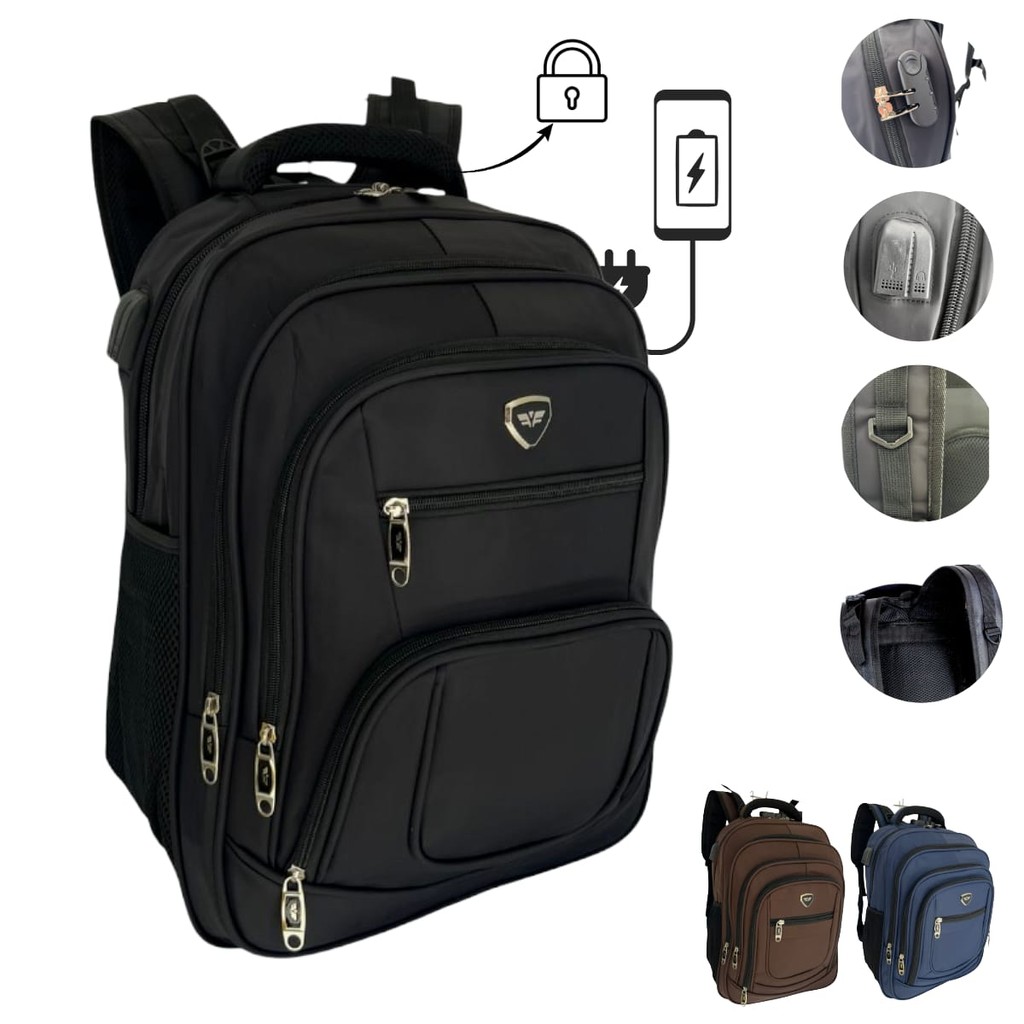 Mochila Avião Reforçada Impermeável Masculina USB Porta Notebook Antifurto Senha Viagem