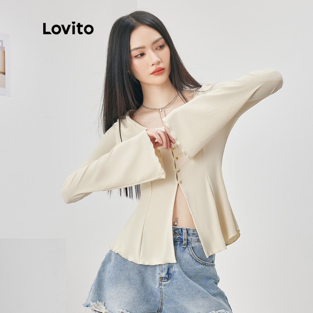 Detalhes do Lovito Camiseta Casual Lisa Assimétrica Com Botão Frontal Espartilho Para Mulheres L52AD1533