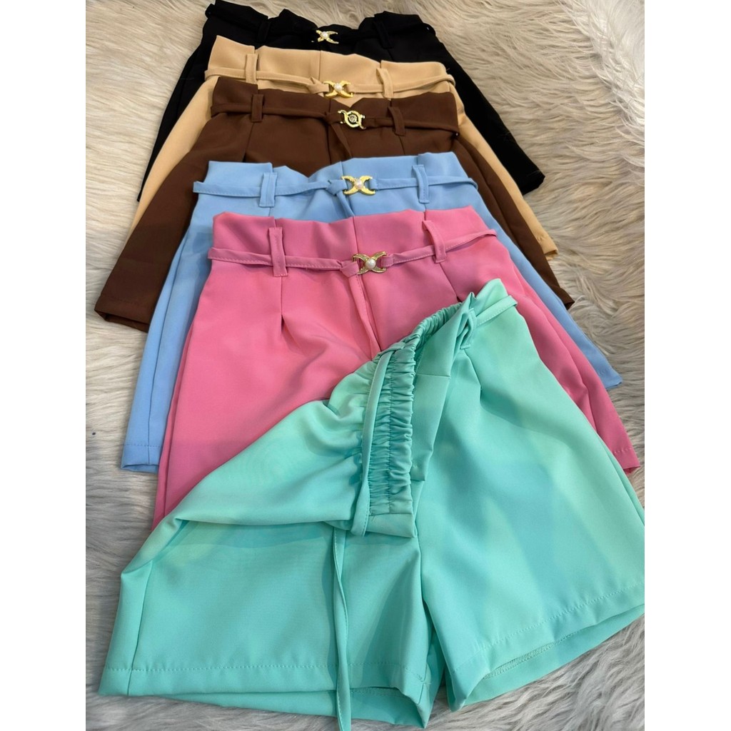 Short Feminino Cintura Alta tecido Alfaiataria com Cinto Cordão Tirinha Moda Verão Cores Variados