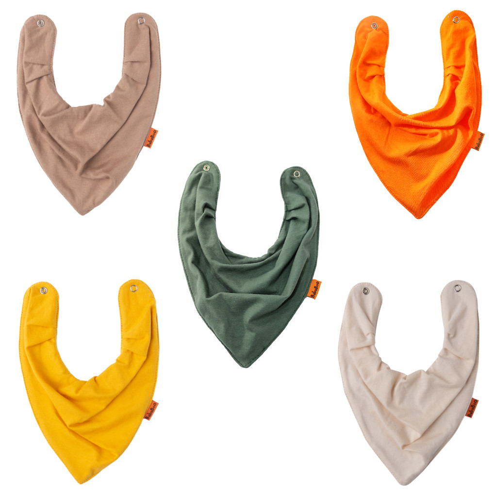 Kit 5 Babadores Bandana BabaBoo Laranja Verde Exército Mostarda Areia Aveia | Algodão Macio + Forro Impermeável