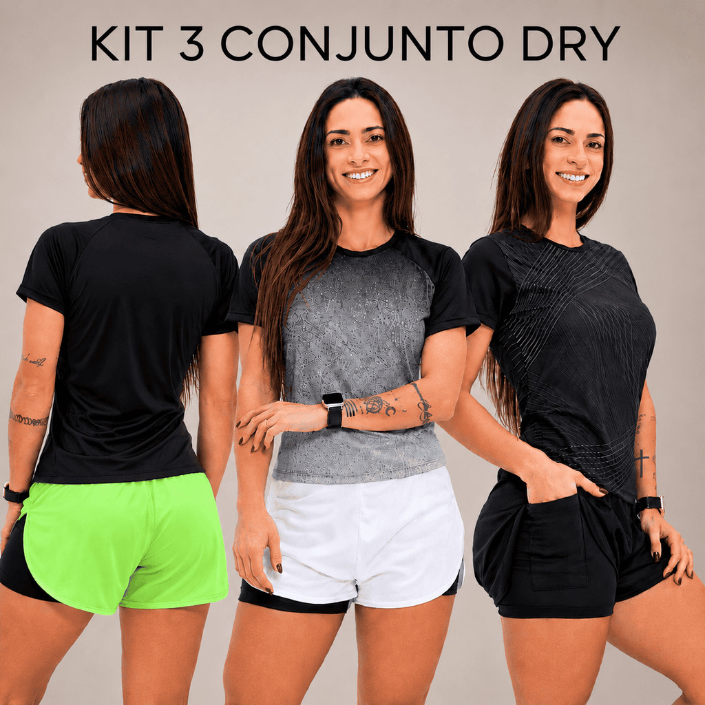 Kit 3 Conjunto Feminino Camiseta + Shorts Duplo 2 em 1 Compressão Academia Fitness Bolso Celular