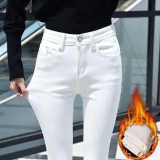 Forro de lã branco engrossado Jeans feminino cintura alta inverno novo estilo calças magras elástico magro tamanho grand