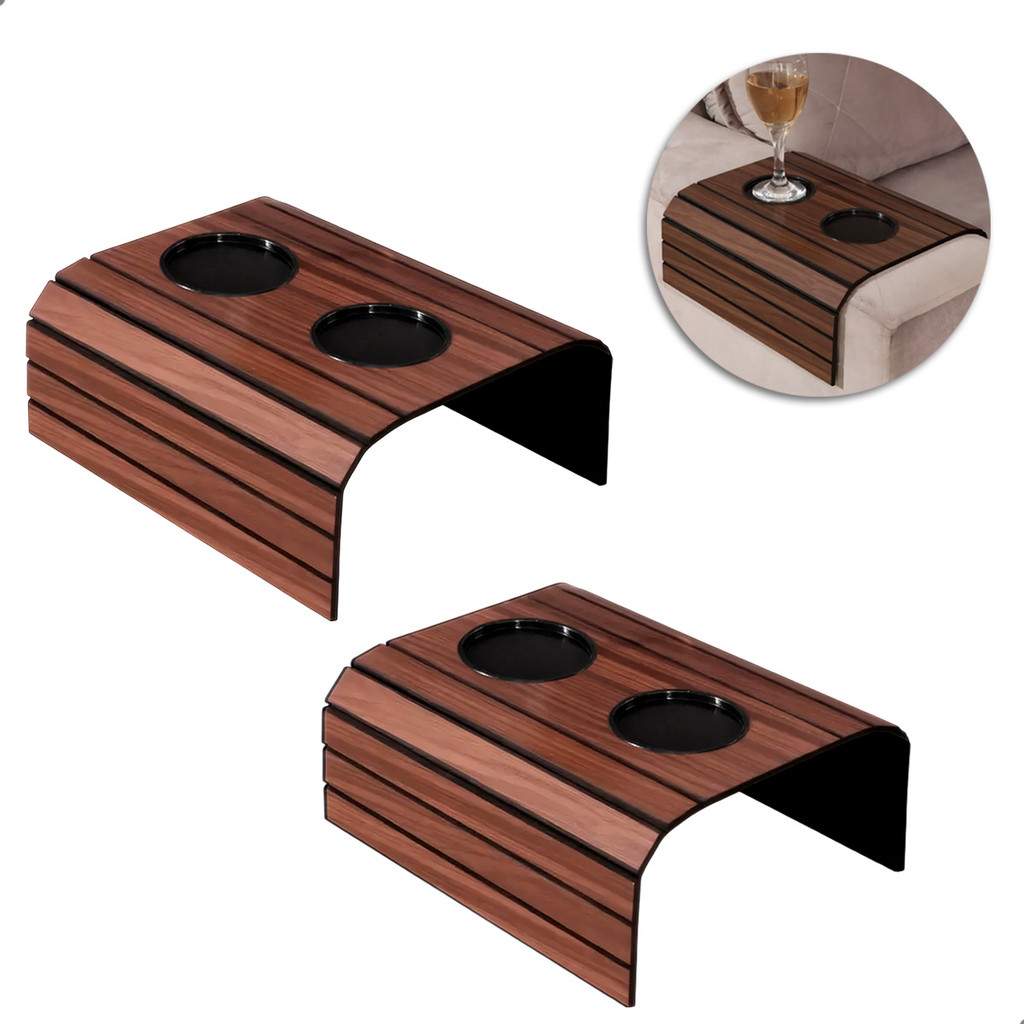 Kit 2 Suporte Sofá Mdf 2 Porta Copos Design Moderno Frisos Pretos Estável Prático Sala Poltrona Ergonômico Ajustável