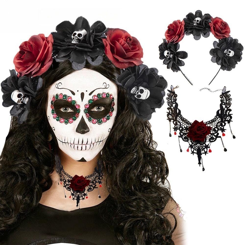 MARVER Tiara De Coroa De Flor Rosa Mexicana , Conjunto De Faixas De Cabelo E Colar De Caveira Novidade , Fantasia De Fes