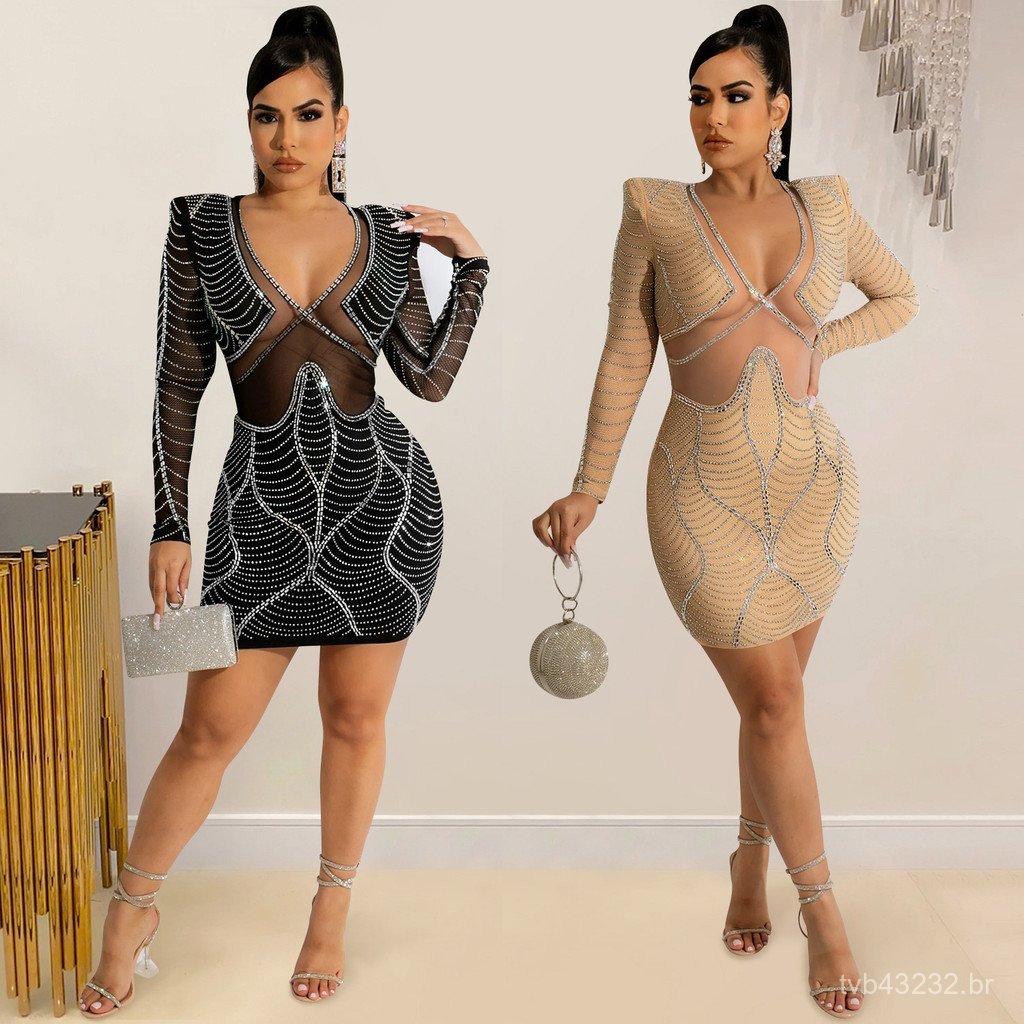 Vestido Manga Longa x5656 Gaze Transparente Loja Site Moda Noite Diamante Roupas Femininas Quente Sexy