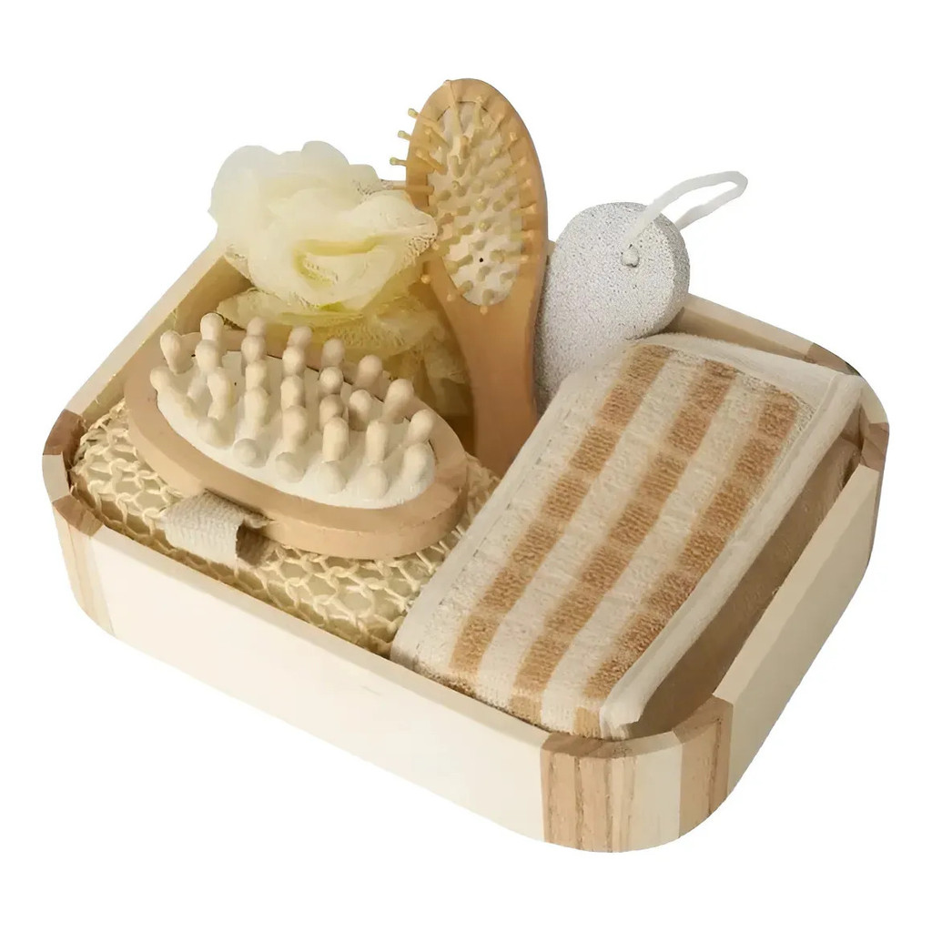 Kit Banho 7 pcs Spa Madeira Relaxante Massagem Revigora Esfoliação