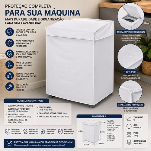 Capa Protetora Lavadora Maquina Roupa PVC Resistente Tampa Grande Branca