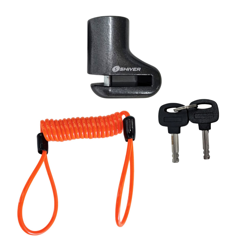 KIT TRAVA DISCO CADEADO RODA FREIO MOTO ANTI FURTO ROUBO 5,5MM CINZA COM 2 CHAVES + CABO LEMBRETE SHIVER