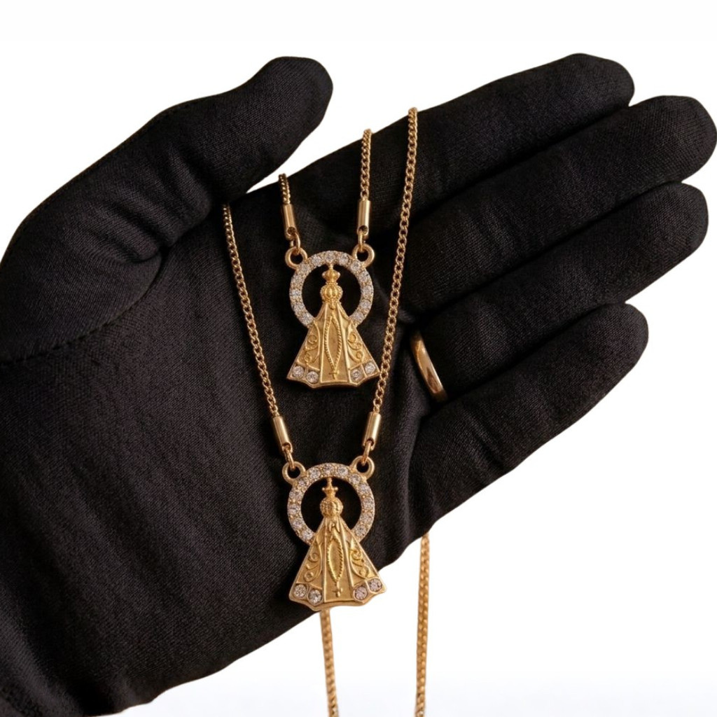 Colar Nossa Senhora Aparecida Escapulário Nossa Senhora Dourado