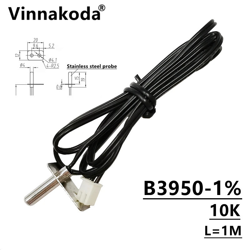 Sensor de temperatura NTC B3950 10K 4*20mm com sonda de aço inoxidável, defletor e furo de fixação M4, 1 metro