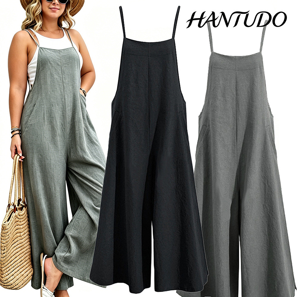 Macacão Solto Feminino De Verão Plus Size, Calças Largas Com Bolsos