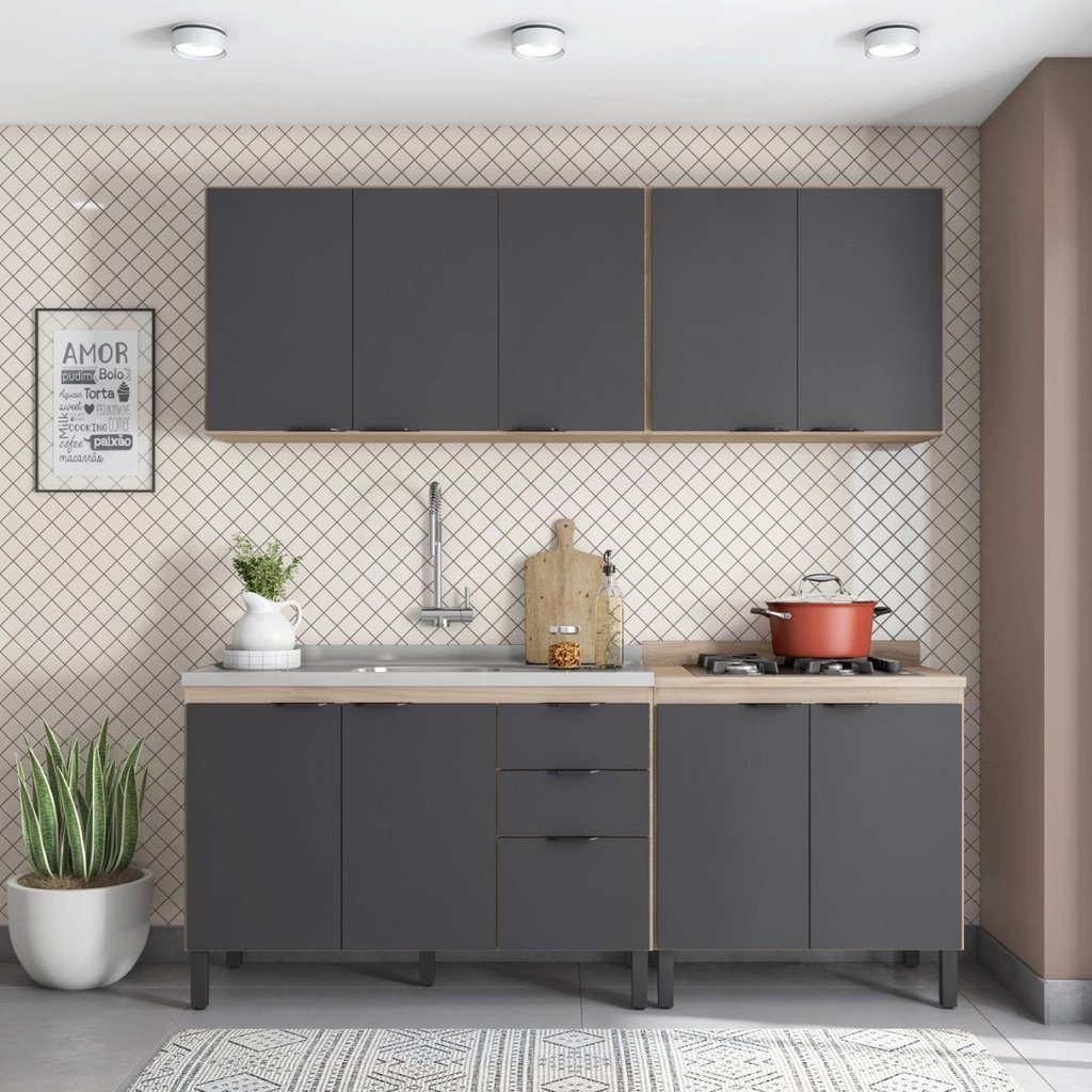 Cozinha Compacta Modulada Firenze 04 Peças 10 Portas 02 Gavetas Cinza/Avena Touch/Grafito Avena/Grafito
