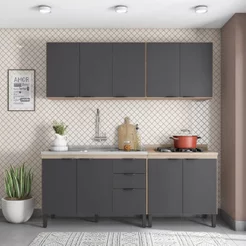 Cozinha Compacta Modulada Firenze 04 Peças 10 Portas 02 Gavetas Cinza/Avena Touch/Grafito Avena/Grafito