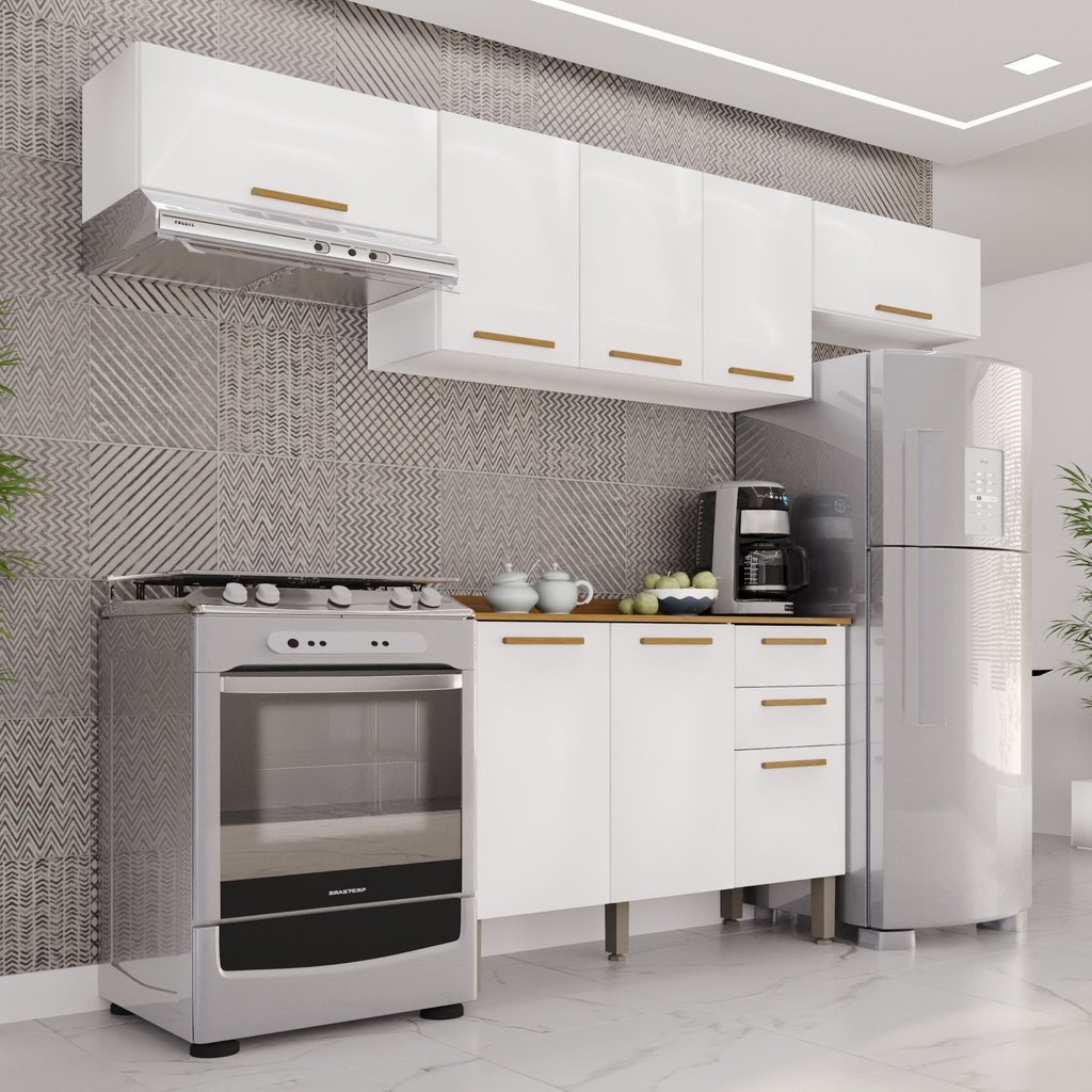 Cozinha Compacta Modulada 4 Peças 8 Portas 2 Gavetas Bella Branco Branco/Cinamomo