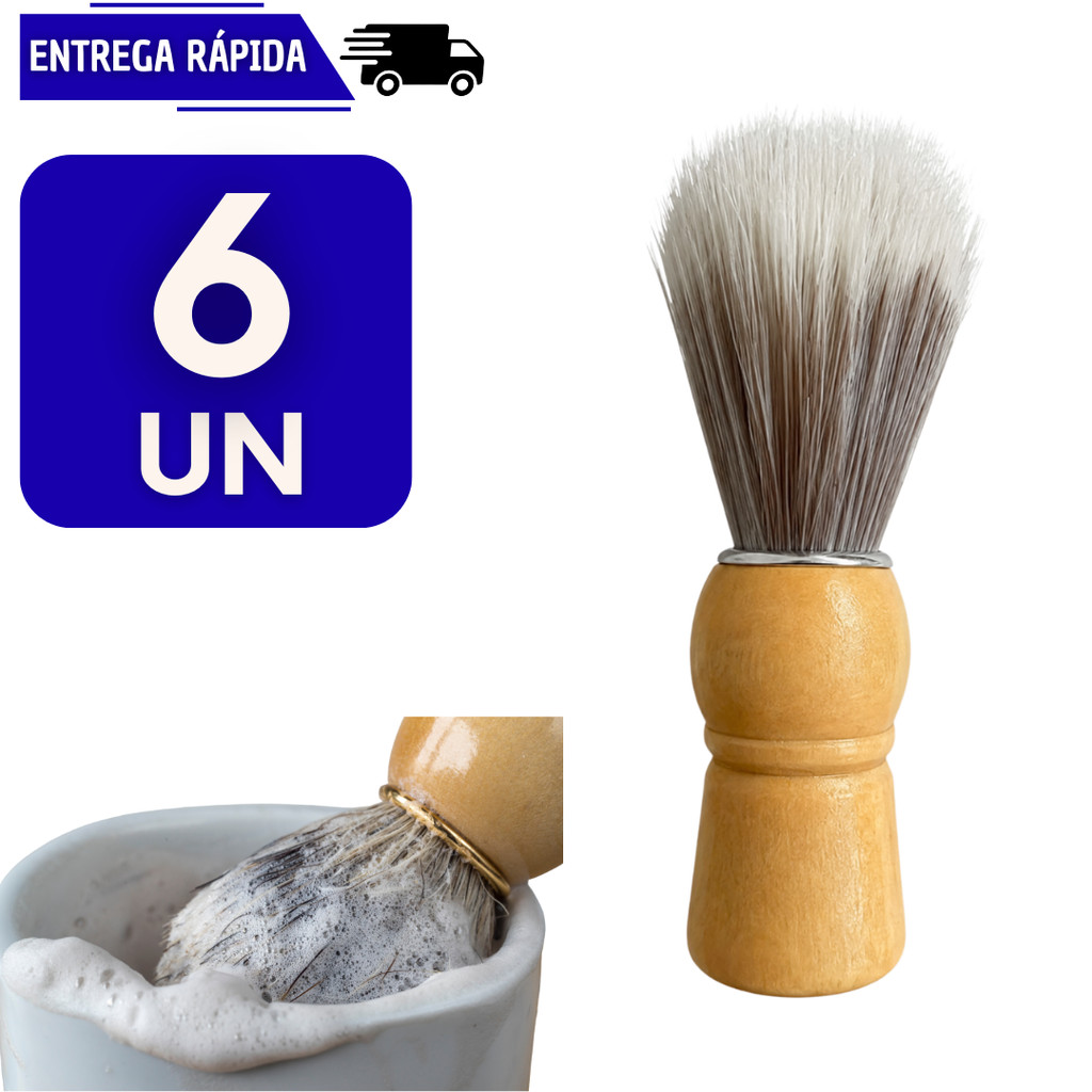 6 Pincel Barbeador Profissional Para Espuma de Barbear Cabo Madeira Macio Cabeleireiro Barba Navalha Maculino