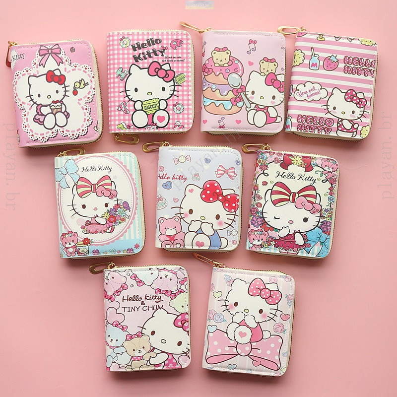 Sanrio Anime Hello Kitty Carteira Com Múltiplas Ranhuras Para Cartão , Porta-Cartões Moedas Zíper , ID Da De Motorista ,