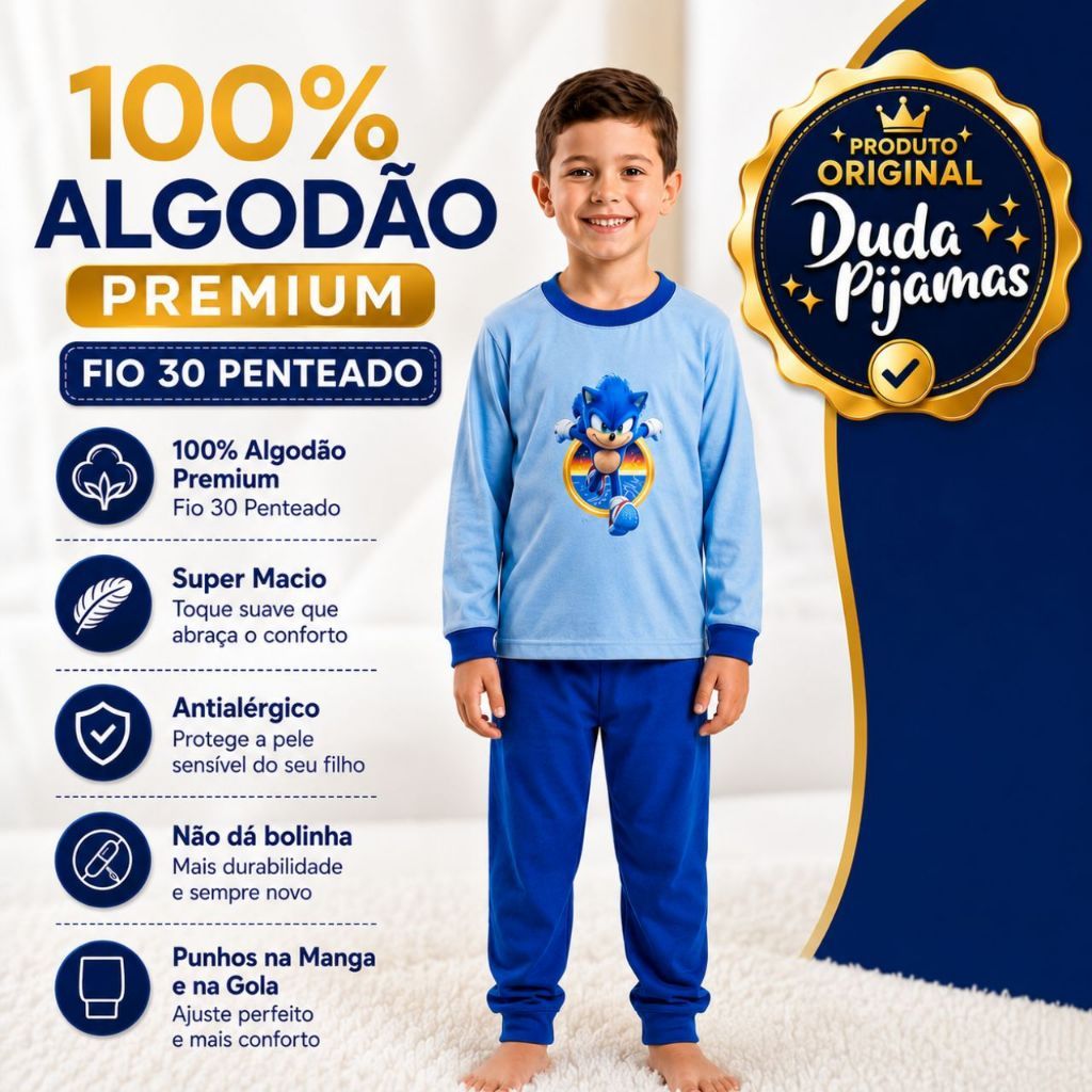 Pijama  Infantil Sonic Inverno Menino Manga Longa Masculino Algodão Macio Conjunto 1ao12 Personagens