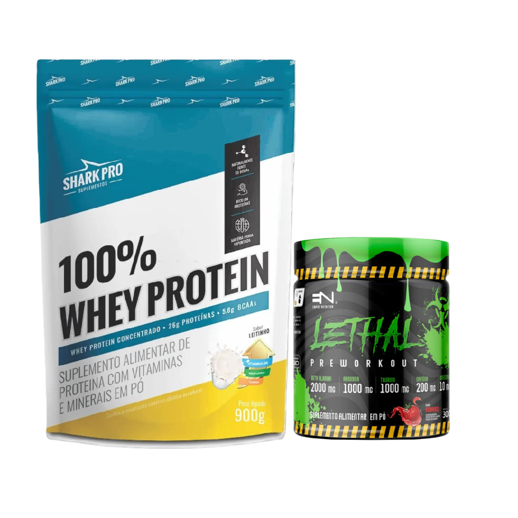 Kit 100% Whey Protein Shark Pro 900g Leitinho + Pré Treino Lethal 300g Morango