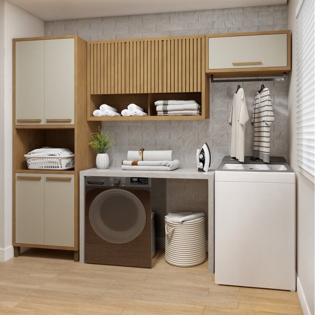 Lavanderia Modulada Armário Multiuso e 2 Armários Aéreos Torino Bege/Cinamomo/Off White