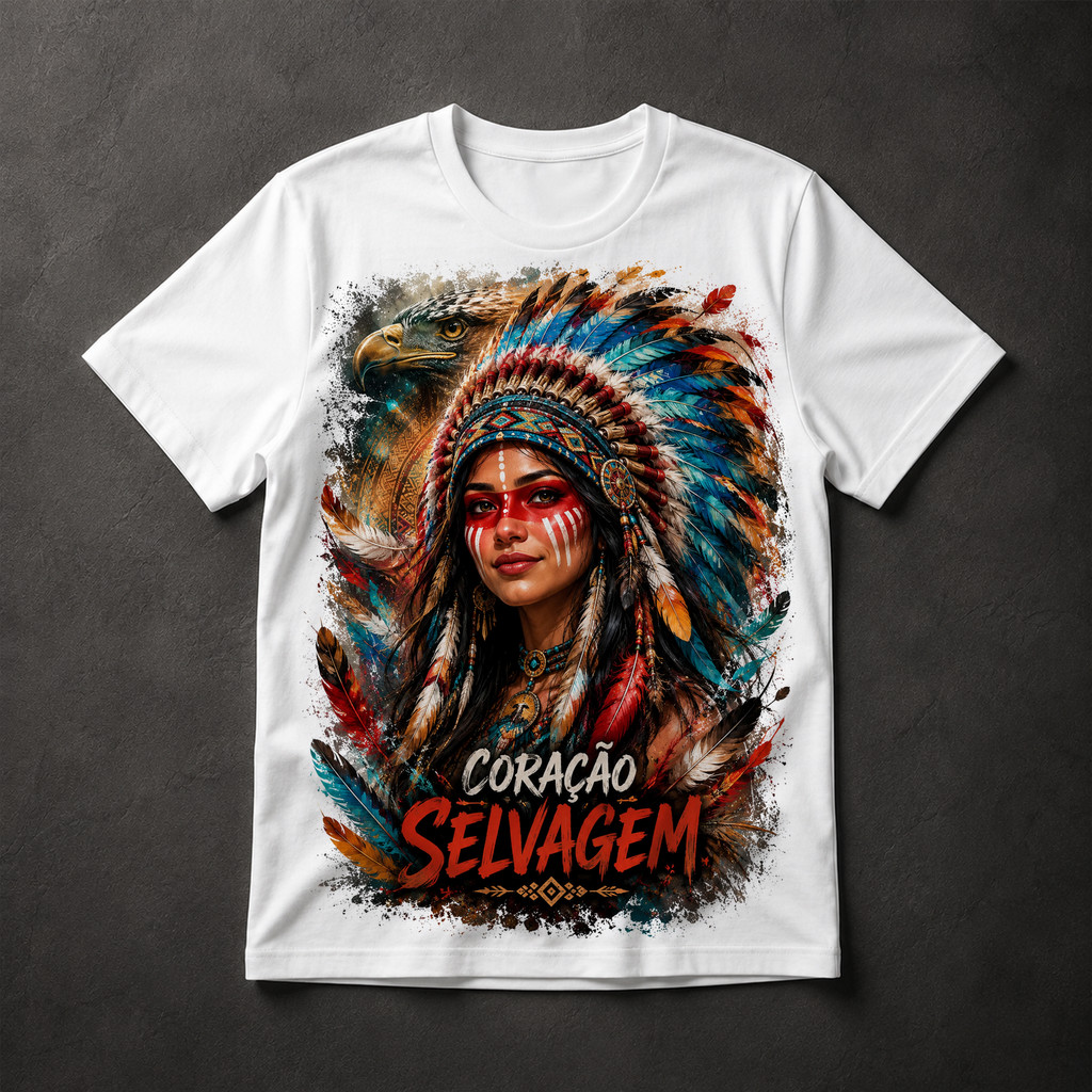 Camiseta Masculina Guerreira Indígena Coração Selvagem Águia Cocar Étnica Premium