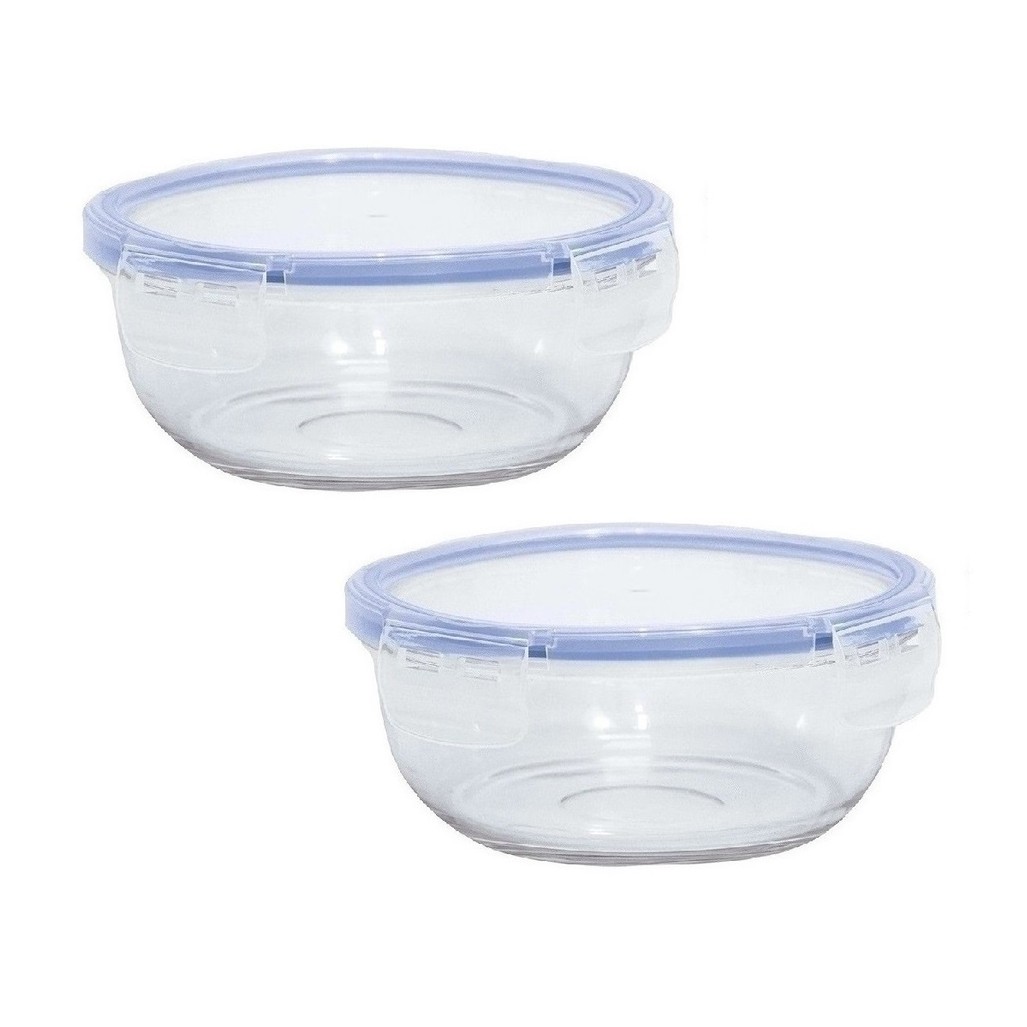 Kit 2 Potes Vidro Pequeno Redondo Marmita 370ml Micro-ondas Antivazamento 4 Travas Papinha Frutinhas Lancheira Freezer