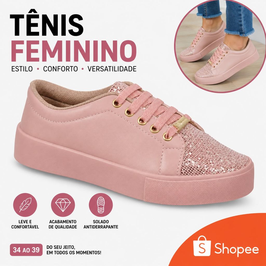 Tênis em Glitter Feminino Sapatênis Casual Macio e Confortavel Mais vendido