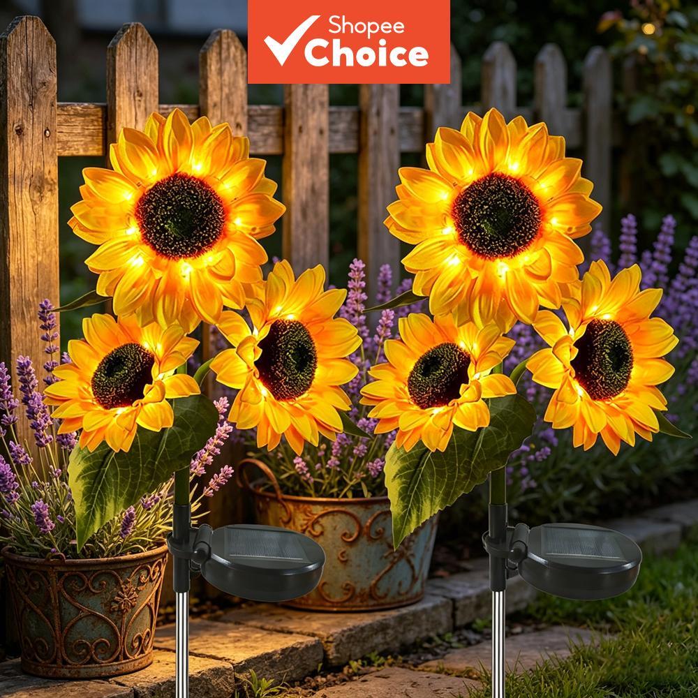 Lâmpada solar de girassol para jardim externo; flores solares para quintal, canteiro, passagem, terraço, varanda,