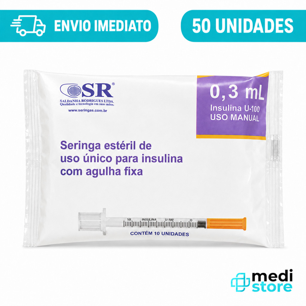 Kit 50 Seringa Insulina 0,3ml 6x0,25mm Agulha Fixa - Envio Imediato