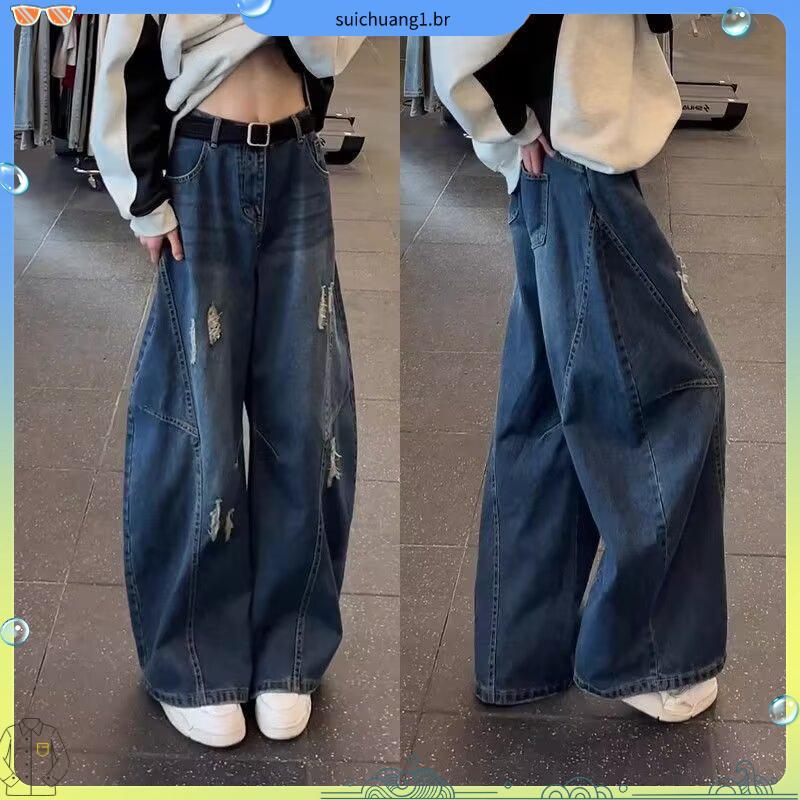 Azul escuro perna larga rasgado Jeans masculino verão americano High street calças street Wear rufião bonito calças lige