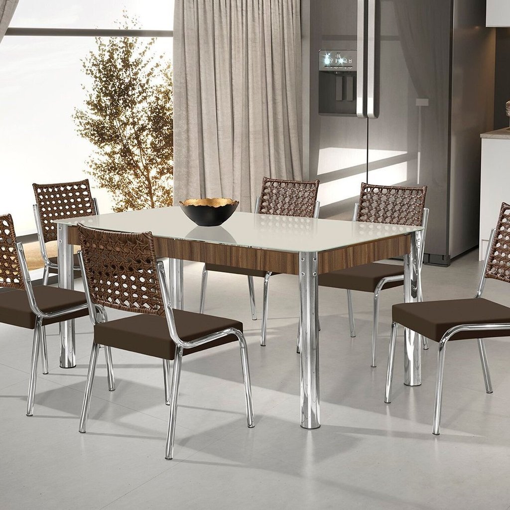 Conjunto Sala de Jantar Mesa Retangular com 6 Cadeiras Natani Yescasa Cromado/Marrom Cromado/Marrom