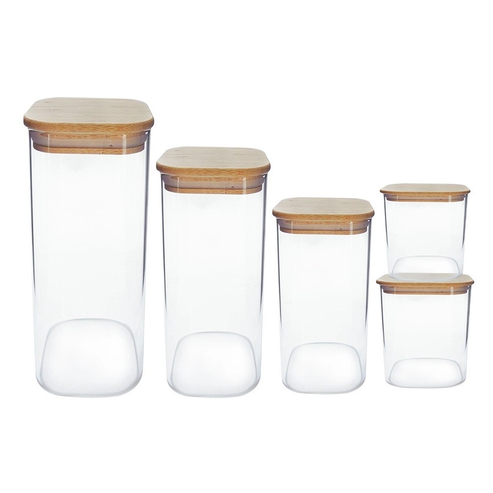 Kit 5 Potes Herméticos Vidro Porta Mantimentos Tampa Bambu Empilháveis Alimentos Cereal Bolacha Grãos Antivazamento